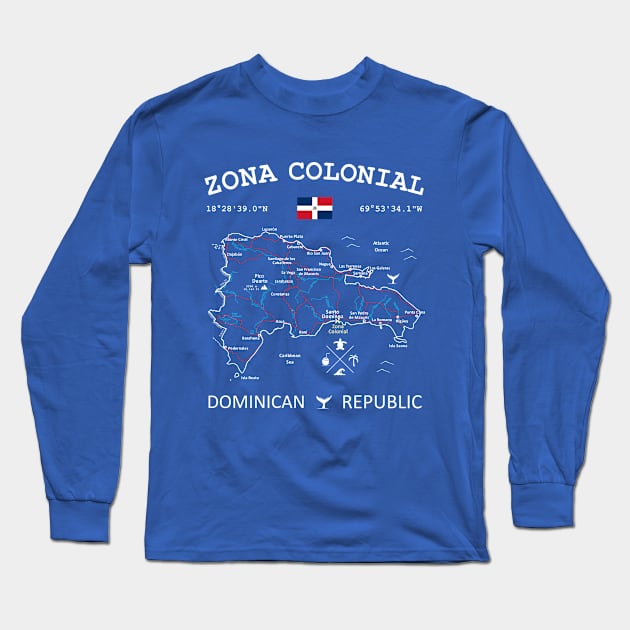 Zona Colonial Dominican Republic Flag Travel Map Coordinates GPS Long Sleeve T-Shirt by French Salsa